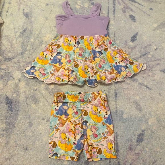Winnie the Pooh and friends custom bamboo peplum top and biker shorts Easter 2T